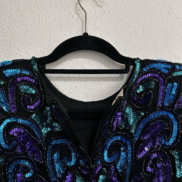 Sequin Top Black Blue Green Laurence Kazar Glam Evening New York Vintage Size L - Picture 8 of 11